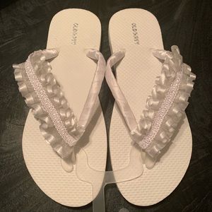White Satin Ruffle Embellished Flops